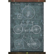 Drawing depicting the evolution of bicycle design; white lines against a dark background; canvas tapestry