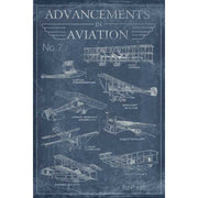 Canvas tapestry with drawings of old biplanes and other aircraft designs; Advancements in Aviation No. 7
