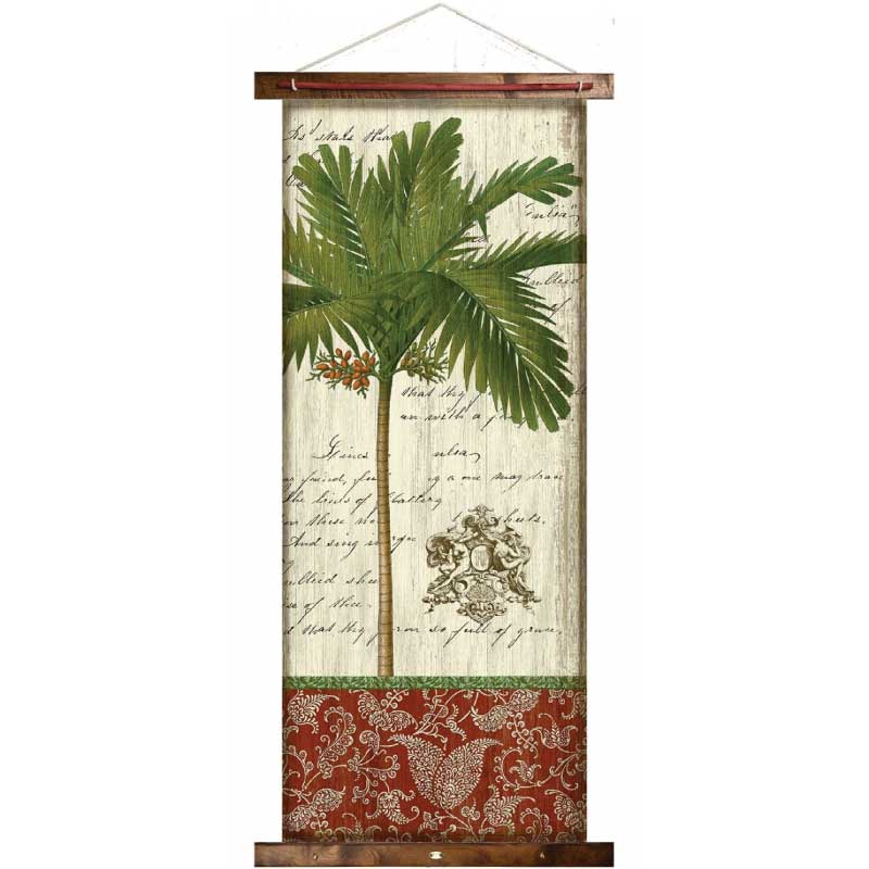 drawing on canvas of a palm tree overlaid on French text. Hanging canvas tapestry