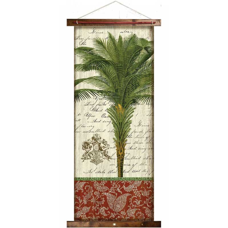 tapestry with drawing of a palm tree overlaid on French text. Hanging canvas tapestry