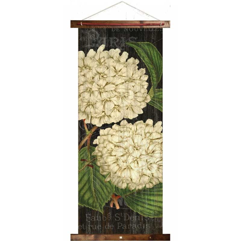 Floral canvas tapestry against a black background with stylish writing behind flowers