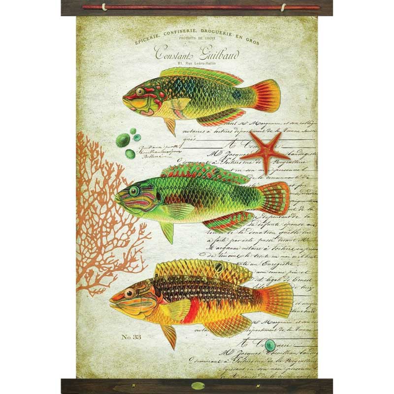 canvas wall hanging with tropical fish; stylish text in the background