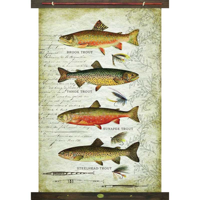 Canvas wall hanging with colorful drawings of trout and stylish text in the background