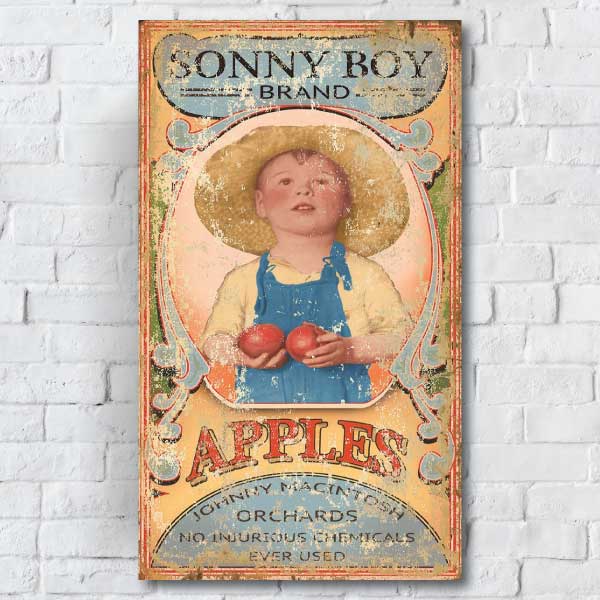 Little boy holding apples; sonny boy brand from macintosh orchards