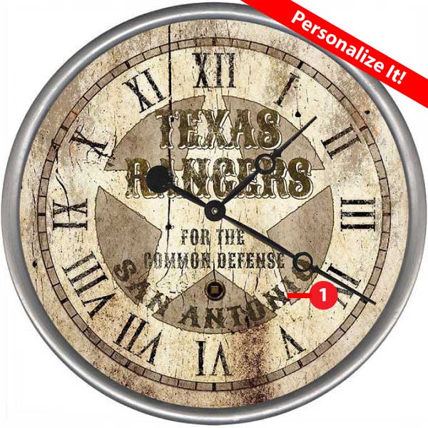 Texas Rangers wall clock for the common defense. Personalize with your favorite TX town