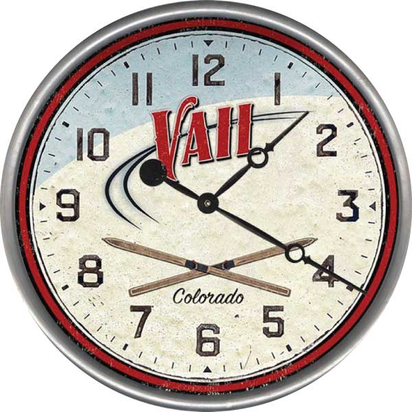 Wall clock with skiing swish and text: Vail, Colorado. image of crossed old-school skis