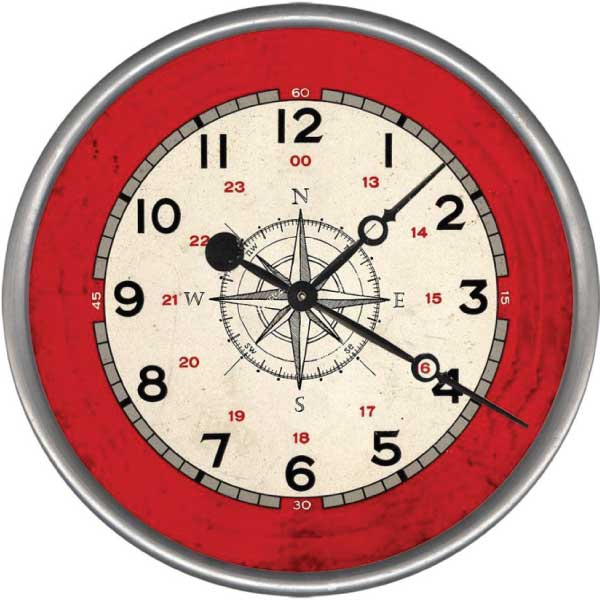 Wall clock with red background and center compass; nautical