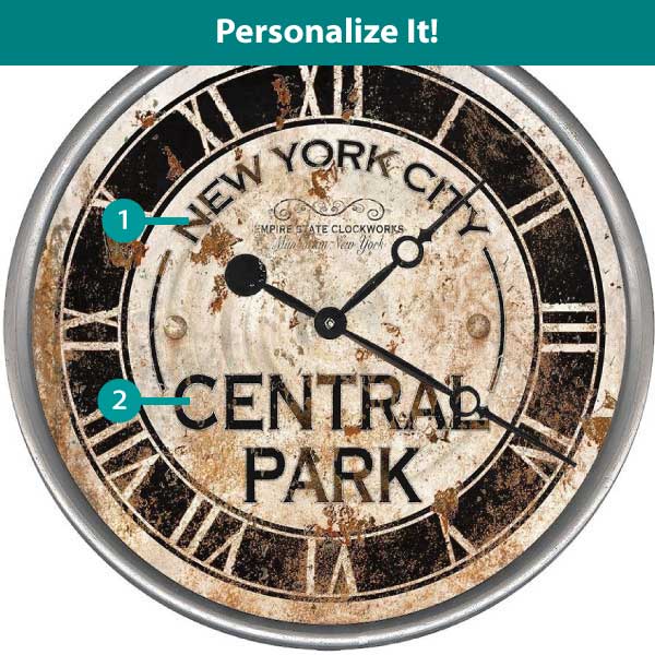 Vintage-style wall clock for New York City's Central Park; personalize to your location