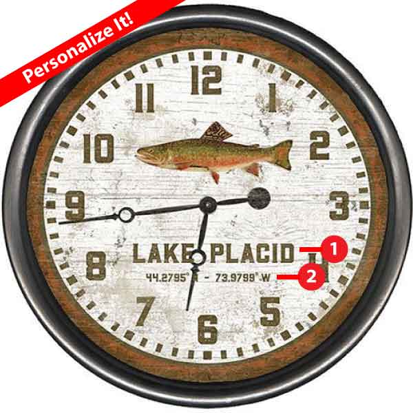 Personalize a clock name of a lake; with image of trout and Lake Placid, NY