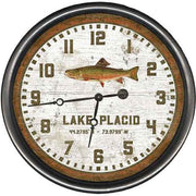 Large clock with image of trout and name of a lake; Lake Placid, NY