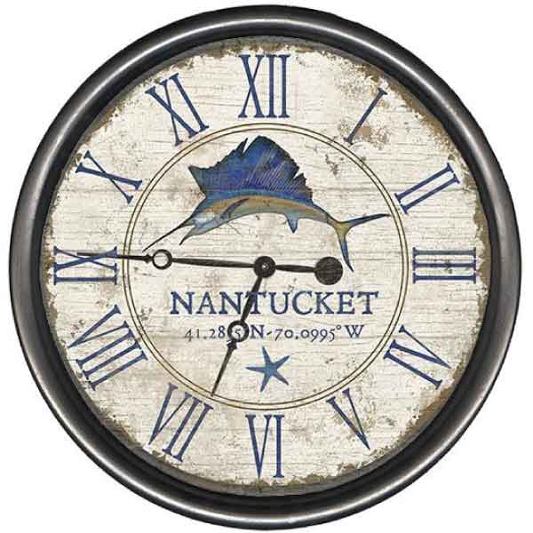 Nantucket clock with sailfish and lat-long; blue