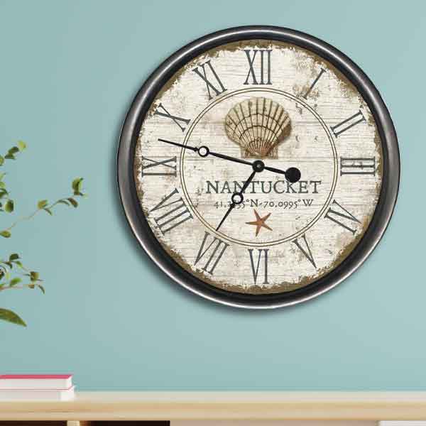 Rustic clock with image of shell and Nantucket