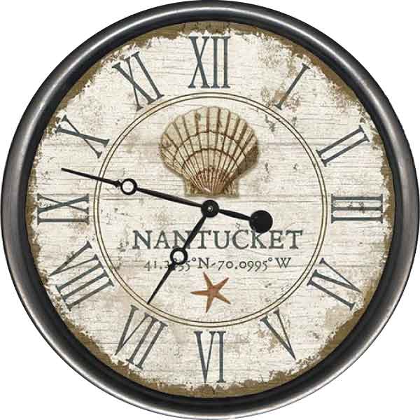 Antique-style clock with image of shell and text "Nantucket"
