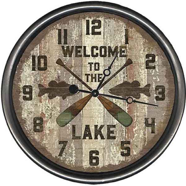 Round wall clock; distressed with text "Welcome to the Lake"