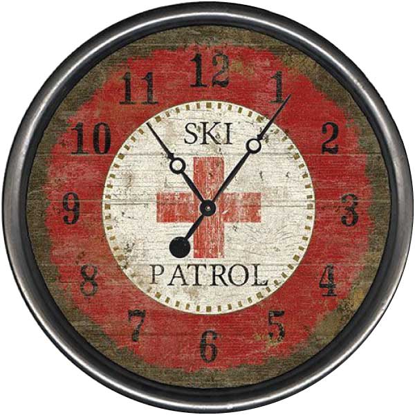 Rustic chic wall clock with ski patrol symbol and the text Ski Patrol. White center with red outer band.
