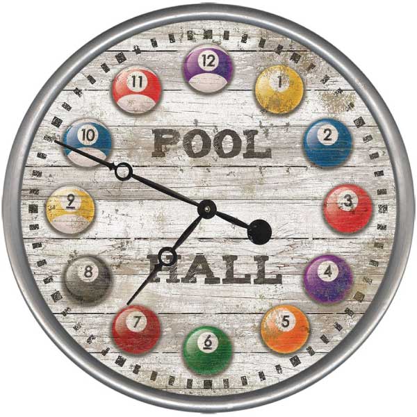 Large wall clock with pool balls as numbers and the words Pool Hall. Distressed wood look
