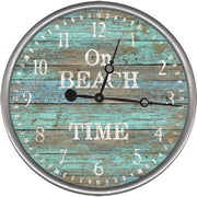 wood faced wall clock with aqua coloring; text is On Beach Time; distressed wood