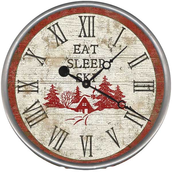 Shabby Chic wall clock for ski enthusiasts. Eat, Sleep, Ski with image of a snowed in winter cabin.