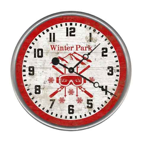 Round red clock with ski goggles and skis-Winter Park