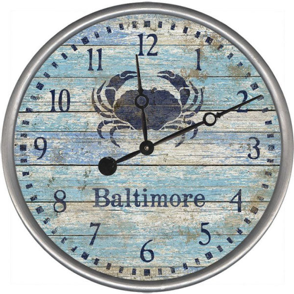 Round clock with image of a crab and the text: Baltimore