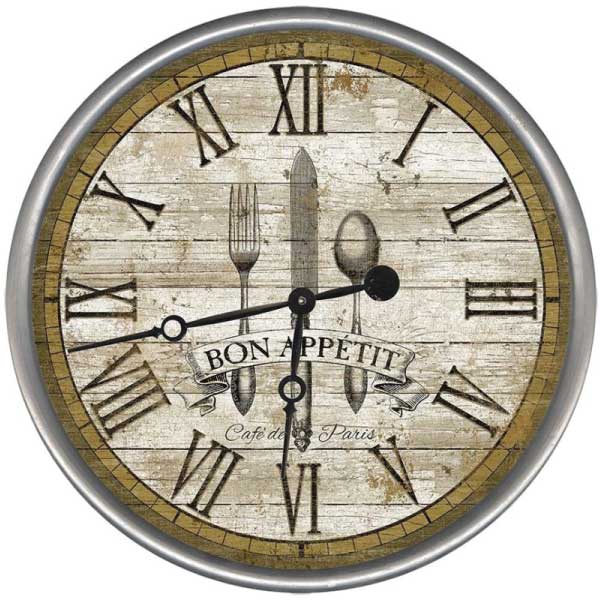 Paris wall clock with image of silverware and saying "Bon Appetit"