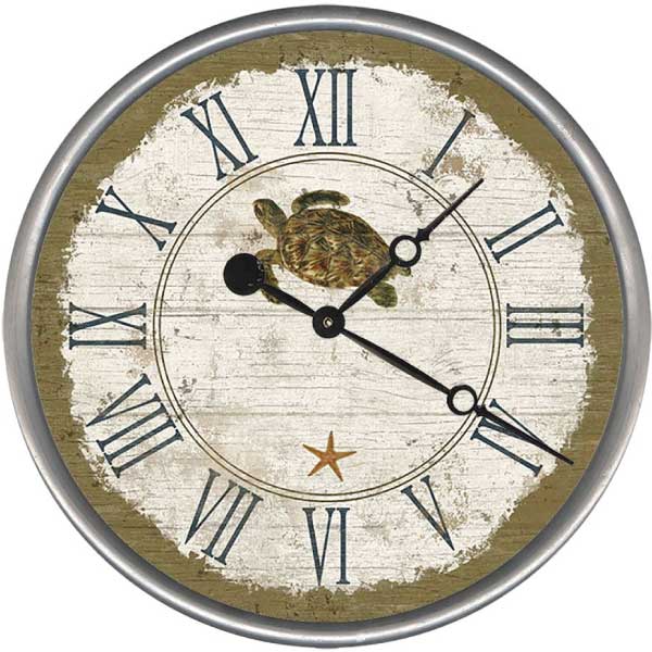 Rustic looking wall clock with image of a sea turtle and a small starfish.