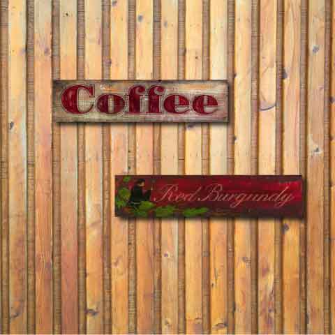 Rustic "Coffee" sign on wood slat wall