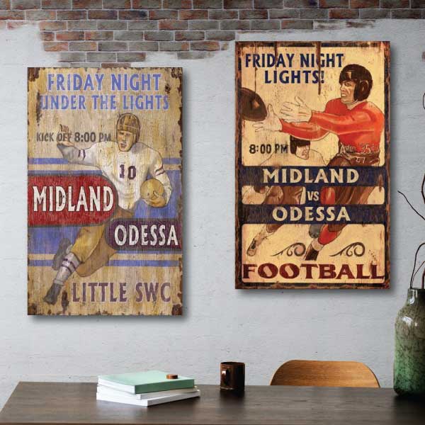 two football vintage wood signs; hung on exposed brick wall; high school football; Texas football