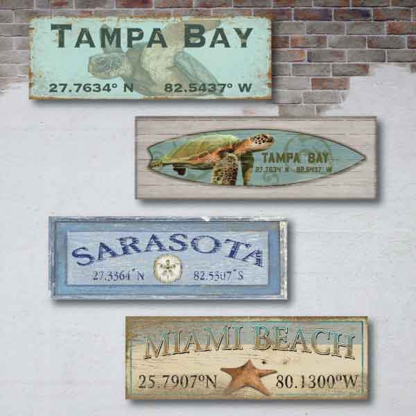 Coastal beach town signs; vintage wood signs