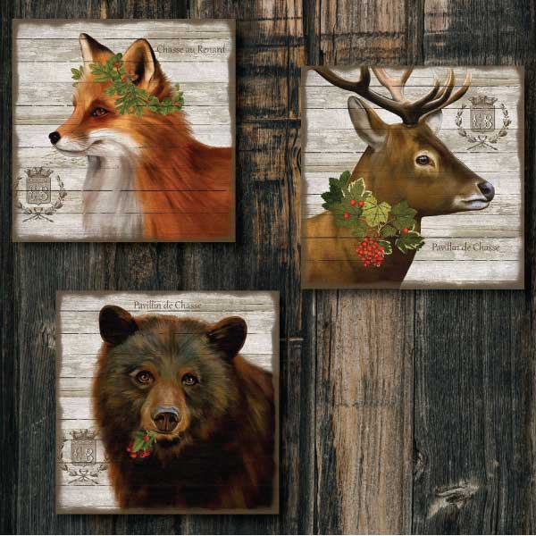 Hunting Lodge | French Bear | Winter Holiday | Wall Art | 20" x 20"
