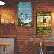 pair of vintage golf signs hanging in a sports bar