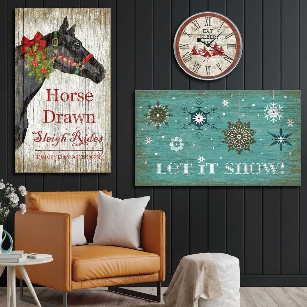 winter holiday wall decor; clock and wood signs. let it snow! horse drawn sleigh rides