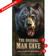 Customizable Growling black bear with text The Original Man Cave; vintage wood sign