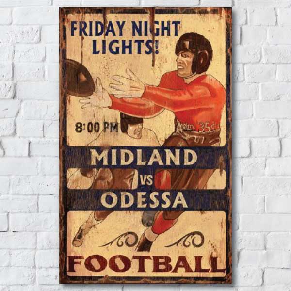 old wood sign of friday nights football; midland vs. odessa