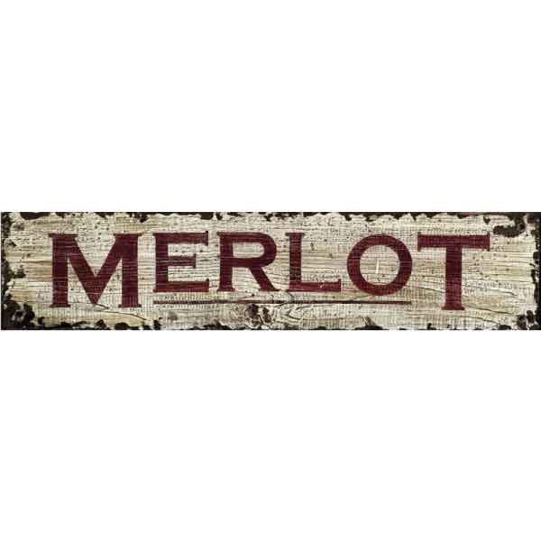 Merlot in red on a distressed wood board in white