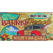 Image of classic woody wagon at surf beach; ad for Woody's Bar & Grill