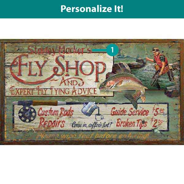 antique advertisement reproduction for Harker's Fly Shop; customize with your name