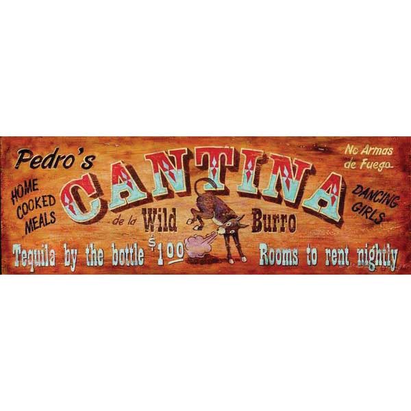 Pedro's Cantina with image of bucking burro; red