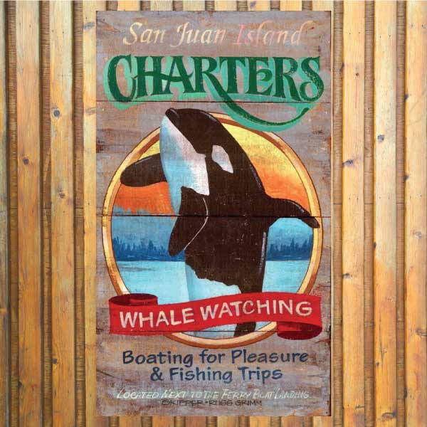 vintage wood sign advertising san juan island whale watching charter; image of a breaching killer whale