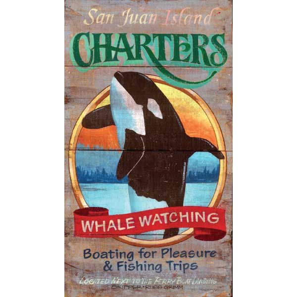 san juan island charter for whale watching vintage wood sign; Orca whale