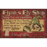 old time ad for Fly Shop; fishing; weathered and worn look