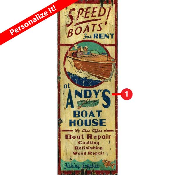 Vintage ad for Speed Boats at the Boat House; classic wood runabout; personalize the name
