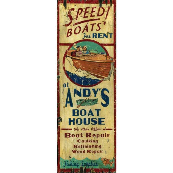 Vintage ad for Speed Boats at the Boat House; classic wood runabout 