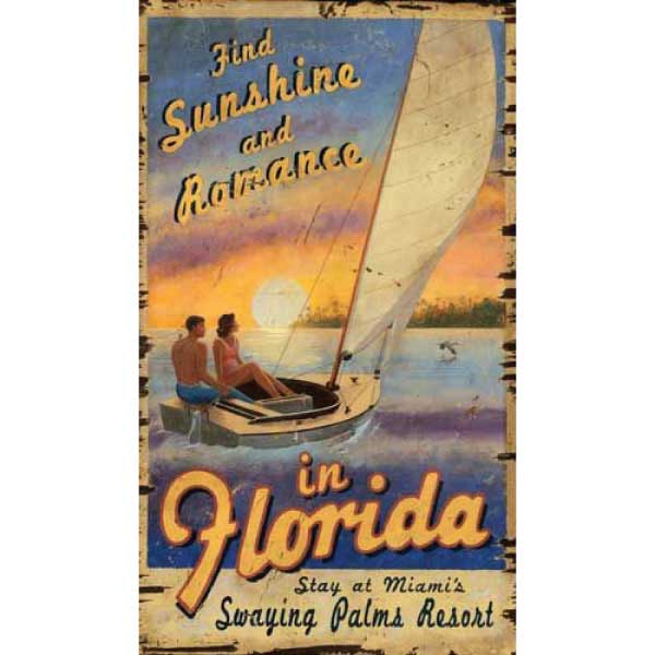 Image of couple sailing a dingy into the sunset in Florida. Ad for Swaying Palms Resort in Miami.