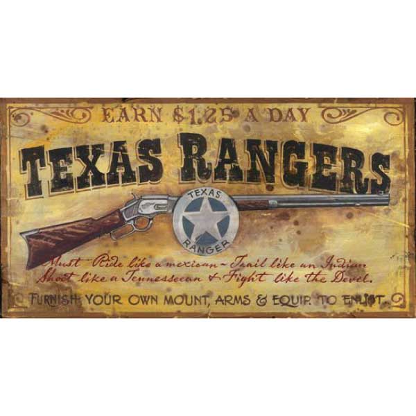 western decor; vintage sign for Texas Rangers; image of old rifle and ranger's star badge; worn and distressed wood panel
