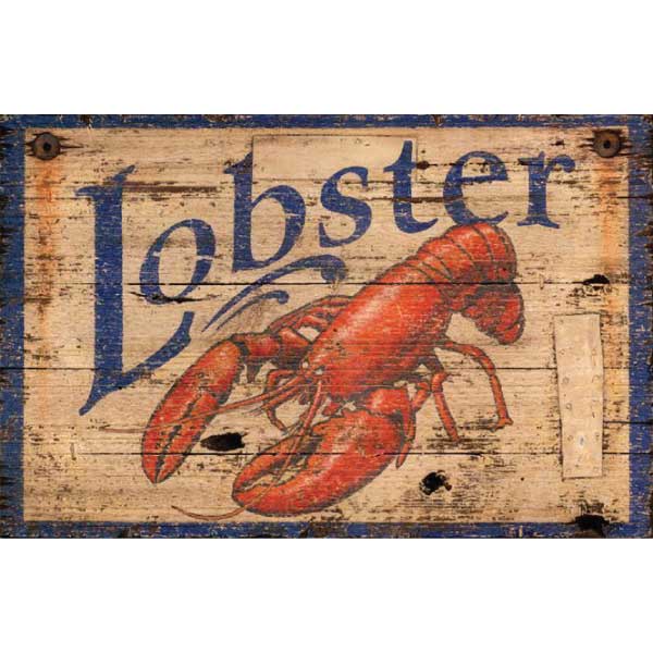 Vintage wood sign of lobster; blue border; weathered wood boards