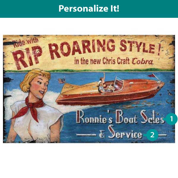 Personalize this Vintage ad for Chris Craft Cobra wooded boat; speed boat on lake with ad for boat sales 