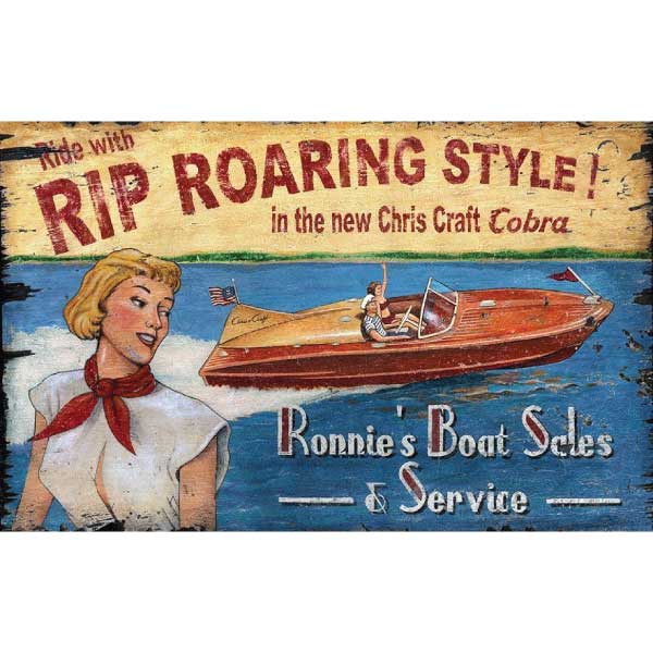 Vintage ad for Chris Craft Cobra wooded boat; rip roaring style