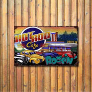 Hot Rod Cafe retro sign hanging on a wood slat wall