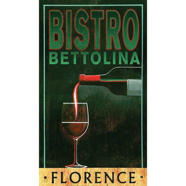 Image of red wine being poured into a wine glass. Text reads Bistro Bettolina, Florence